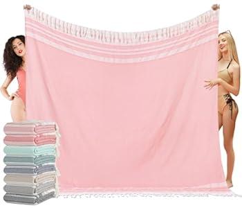 Oversized Turkish Beach Towel Blanket Cotton Sandproof Towels Boho Woven Big Sand Free Giant Throw Blankets Huge Quilt Picnic Camping Necessities Cloud for Adult Gifts, Long Pink White (material: 70% cotton 30% polyester, Size: 80*80 inbeand)