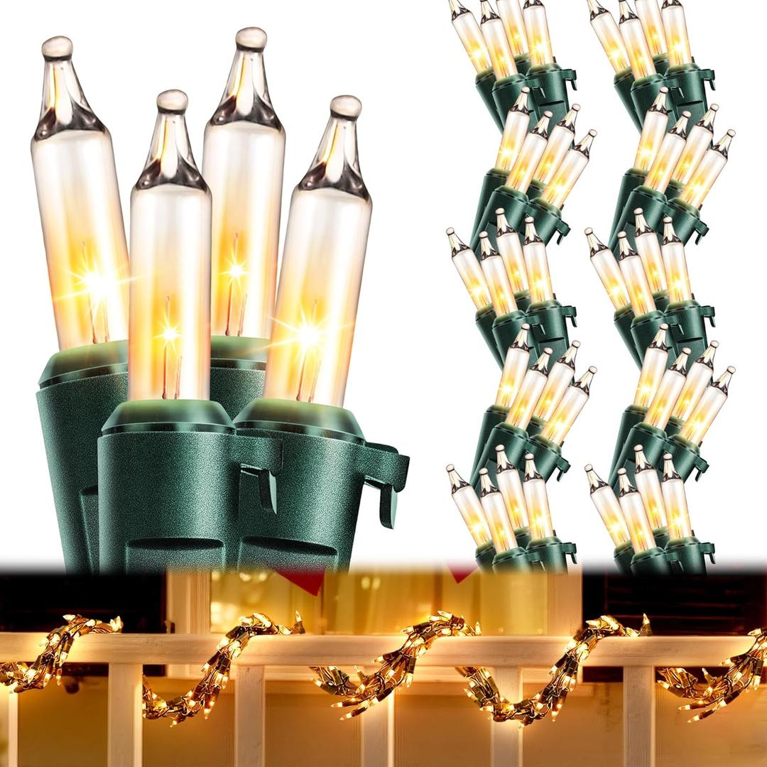 2 Pcs 9' 300 Bulb Christmas Garland String Lights, Incandescent Christmas Connectable Garland Indoor Outdoor Lights for Patio Banisters Columns Xmas Tree Decor (Clear Lamps,Green Wire)