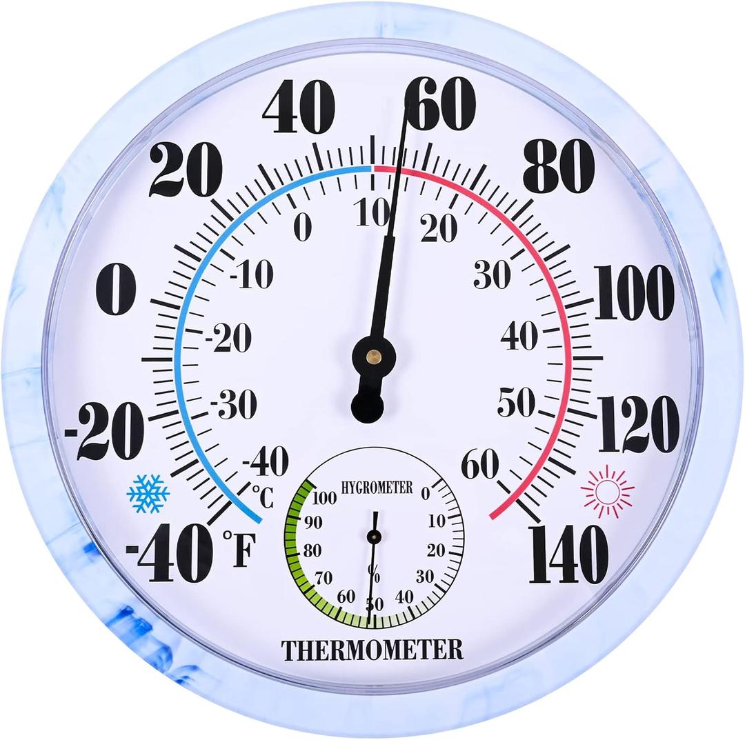 10'' Indoor Outdoor Thermometer Hygrometer, Wall Thermometer Hygrometer Analog, Battery Free Outdoor Thermometer Large Numbers, Decorative Room Thermometer Indoor