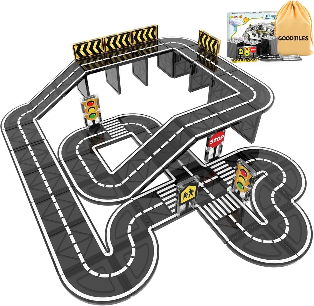 Goodtiles Magnetic Tiles Road Expansion Set, STEM Magnetic Building Blocks for Kids Ages 35 48 57, Preschool Learning Sensory Kids Toys for Toddler Birthday