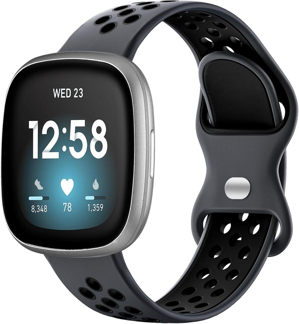 Maledan Breathable Sport Solo Loop Bands for Fitbit Versa 3/4, Sense/Sense 2 - Replacement Wristbands for Men and Women - Smart Watch Accessories (Large: for 5.7"-8.07" (145-205mm) Wrist, 1-Coal/ Black)