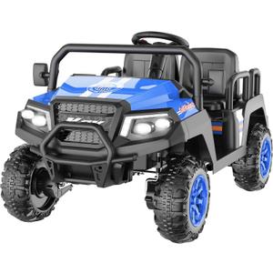Electric Car for Kids, 24V 4 Seater Ride on Toys w/Parent Remote, 4 Wheeler Suspension, Max 220lbs Weight Capacity, USB, Music, Radio, LED Light, Ride on Truck for Boy/Girl Ages 3-8, Blue