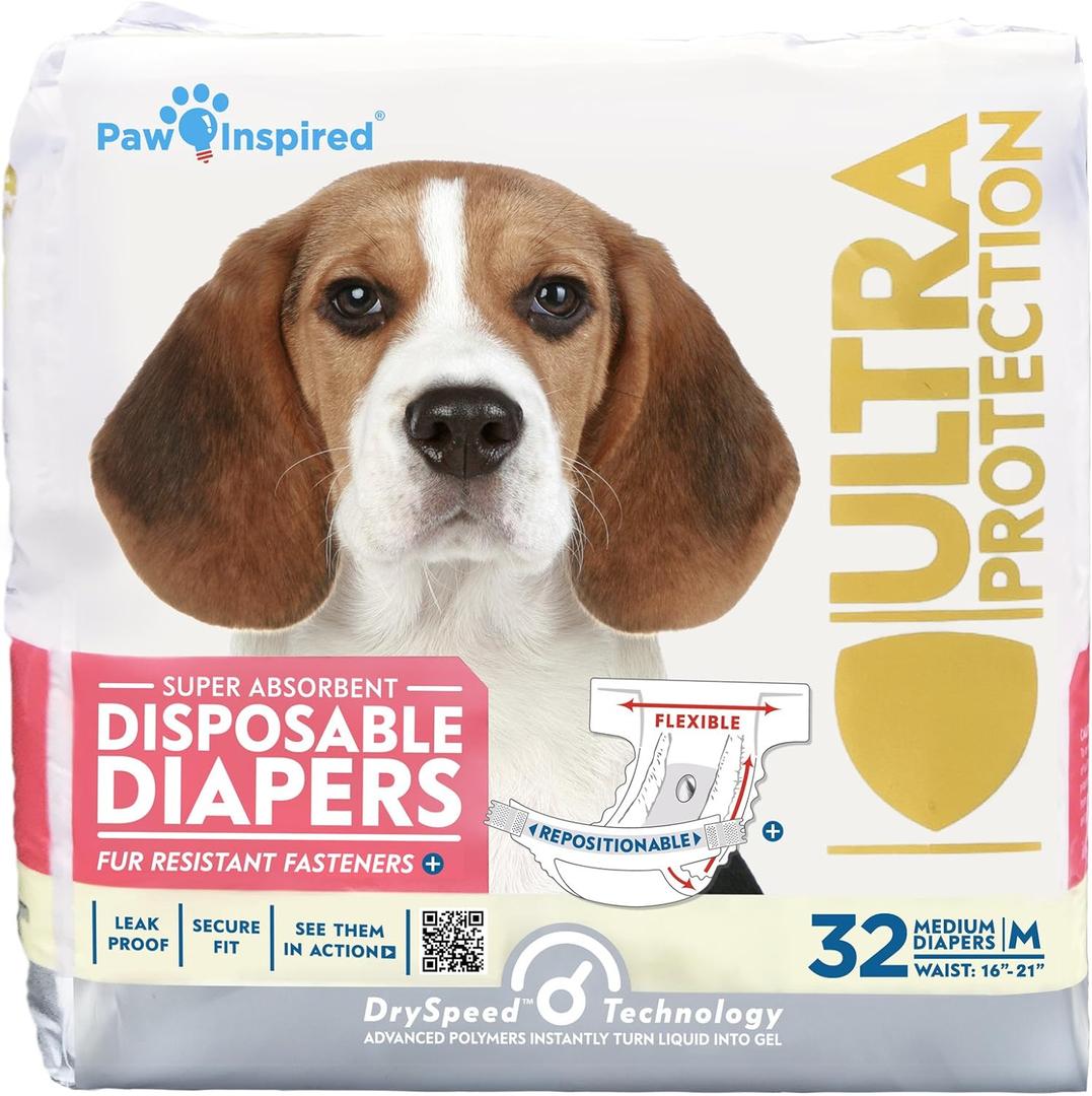 Paw Inspired 32 Ct Disposable Dog Diapers | Female Dog Diapers Ultra Protection | Diapers for Dogs In Heat, Excitable Urination, Or Incontinence (Medium)