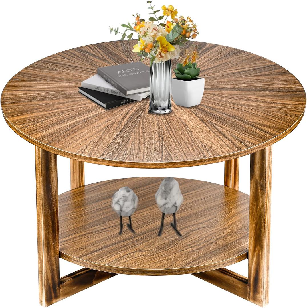 Coffee Tables for Living Room, Small Round Coffee Table with Storage, Mid Century Modern Solid Wood Coffee Table, Rustic Wooden Circle Center Table Living Room Furniture, Brown Tea Table
