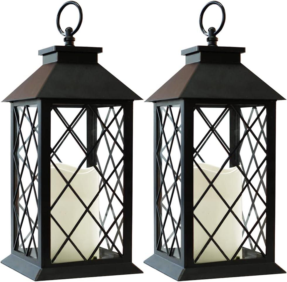 Bright Zeal Pack of 2 13.5" Vintage Candle Lantern with LED Pillar Candle (Black, 6hr Timer) - IP44 Waterproof Battery Powered Decorative Light - Outdoor Patio Hanging Lantern Decorative Tabletop Light