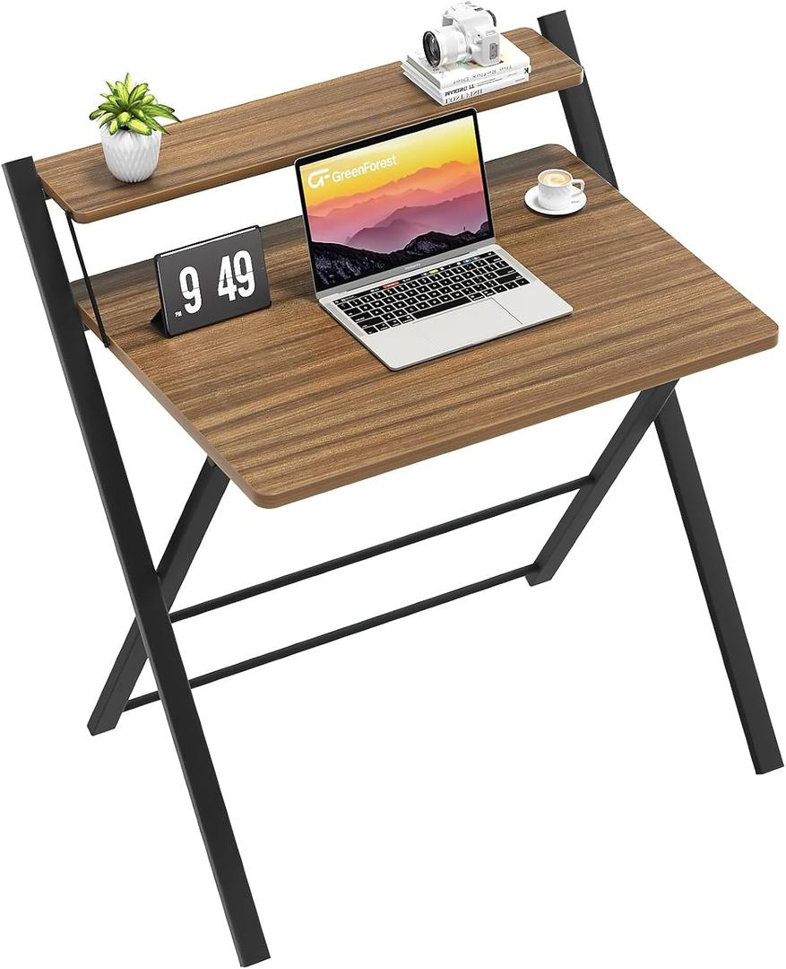 GreenForest Folding Desk No Assembly Required Small Size, 2-Tier Foldable Computer Desk with Shelf for Home Office, Space Saving Portable Laptop Study Foldable Table for Small Spaces, Espresso (22 x 27.3 inch, Walnut)