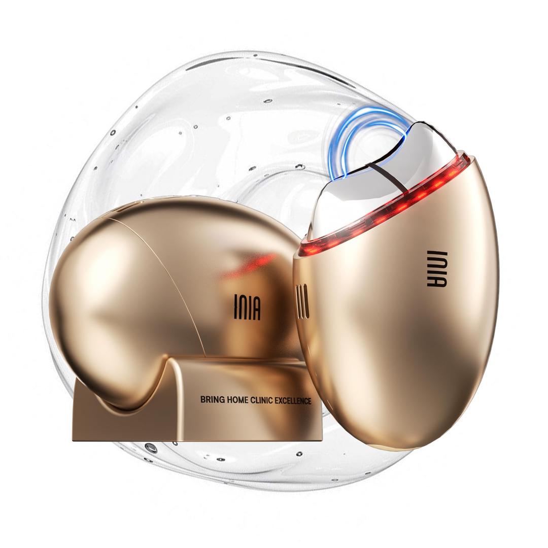 INIA 7-in-1 Red Light Therapy for Face and Neck Gua Sha Facial Massager Tool Device with Thermal and Cryo Mode for Puffiness & Firming Skincare Tool, Gold