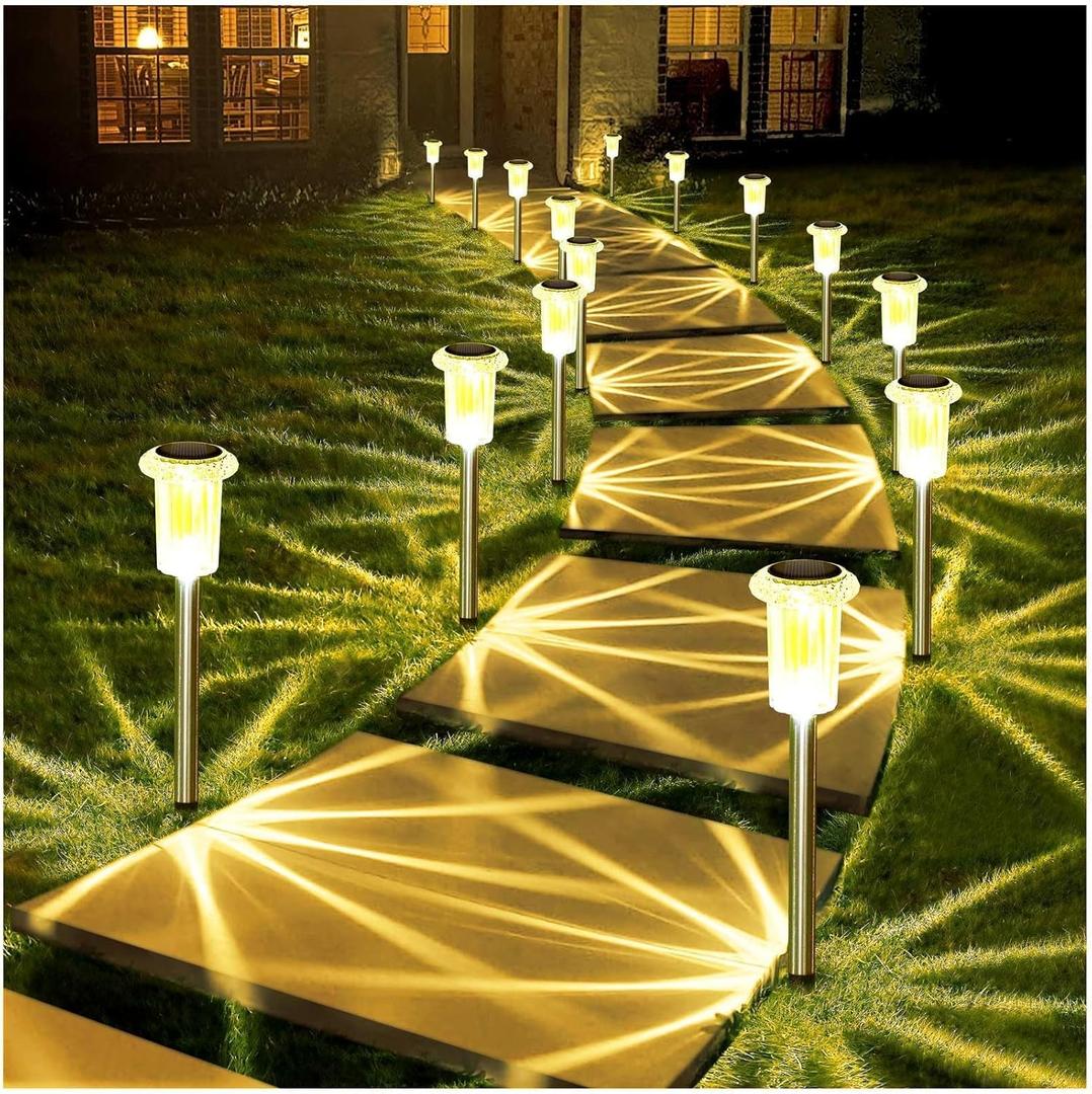 DenicMic Solar Lights Outdoor 10 Pack Waterproof 3000K Warm White LED Stainless Steel Stake Outside Lights for Yard Pathway Garden Driveway Walkway Landscape Path Lighting