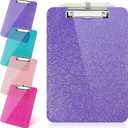 SFLHHDM 1 Pcs Clear Glitter Clipboards, Plastic Clipboard with Pen Holder,Size 8.85 x 12.4 in Shiny Clipboards with Low Profile Clip,Cute Hanging Clipboard for Office School Sparkly Clip Board-Purple