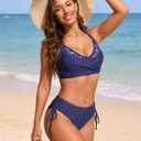 RIHOAS Women's Bikini Set Two Piece Swimsuit Modest Bathing Suit Twist Front Floral V Neck Top String Mid Rise Bottom (Blue, L)