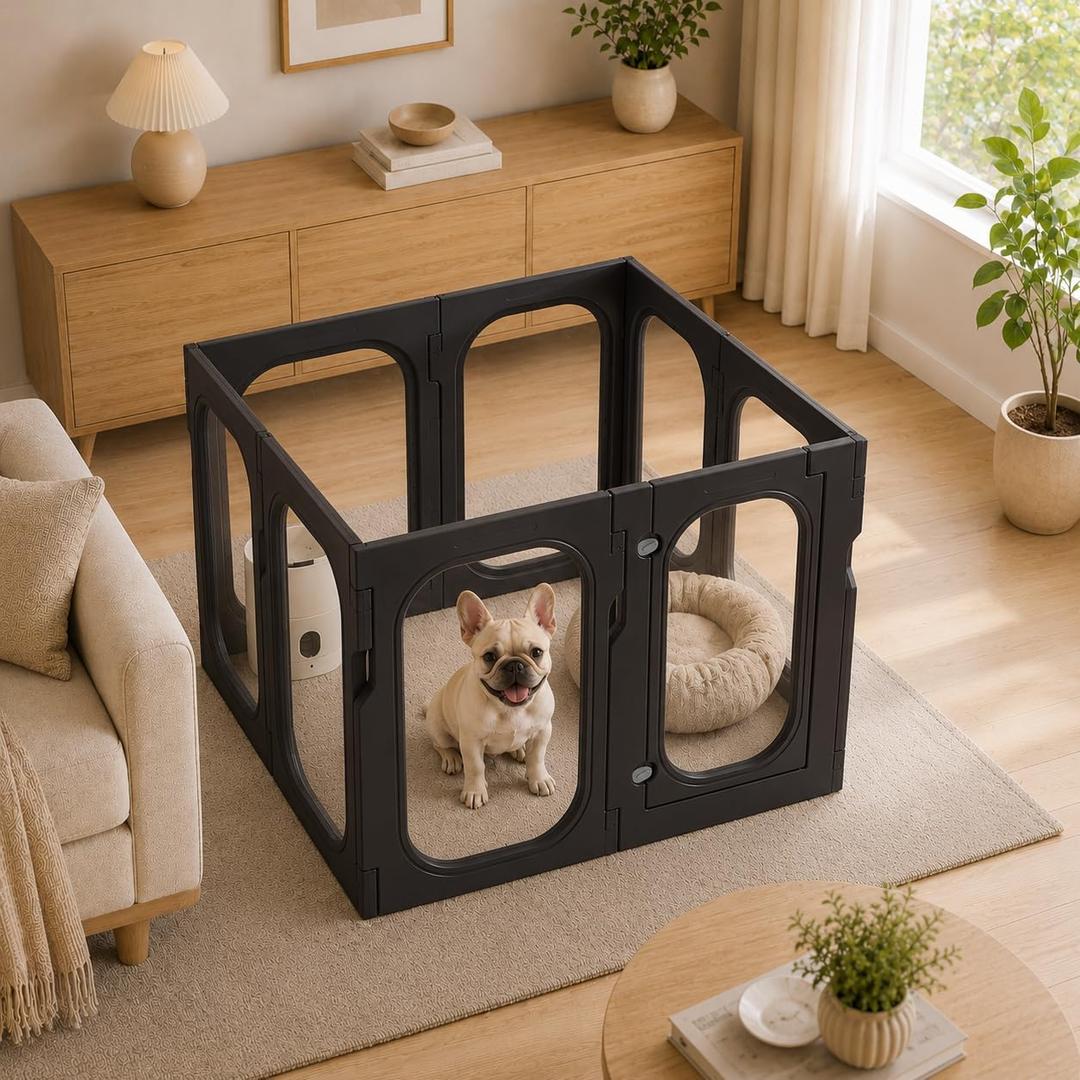 Acrylic Dog Playpen, 8-Panel Clear Transparent Puppy Playpen for Small Dogs Indoor Outdoor, Easy Assembly Foldable Pet Exercise Pen with Locking Door (Black, 25.6 INCH, 8 Panels)
