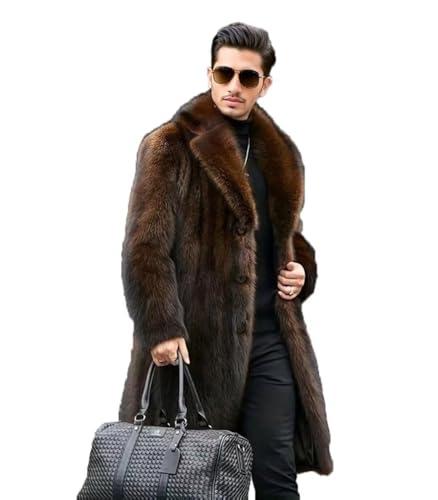 INVACHI Men's Faux Fur Coat Winter Long Faux Mink Coat Fluffy Thick Trench Coat for Men (US, Alpha, Large, Regular, Regular, Brown)