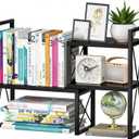 Expandable Desktop Shelf Organizer, 2 Tier Wood Desk Shelf for Office, Metal Corner Bookshelf, Countertop Storage Rack (Black)