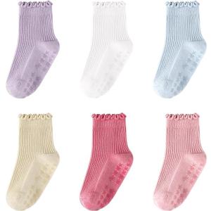 3 x CoolMate Toddler Girl Socks, Non-Slip Grip Ruffle Baby Socks for Kid, Ankle