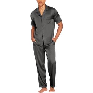 Ekouaer Men Satin Silk Pajamas Set 2 Piece Button Down Sleepwear Long Pants Loungewear with Pockets (X-Large, Dark Gray)