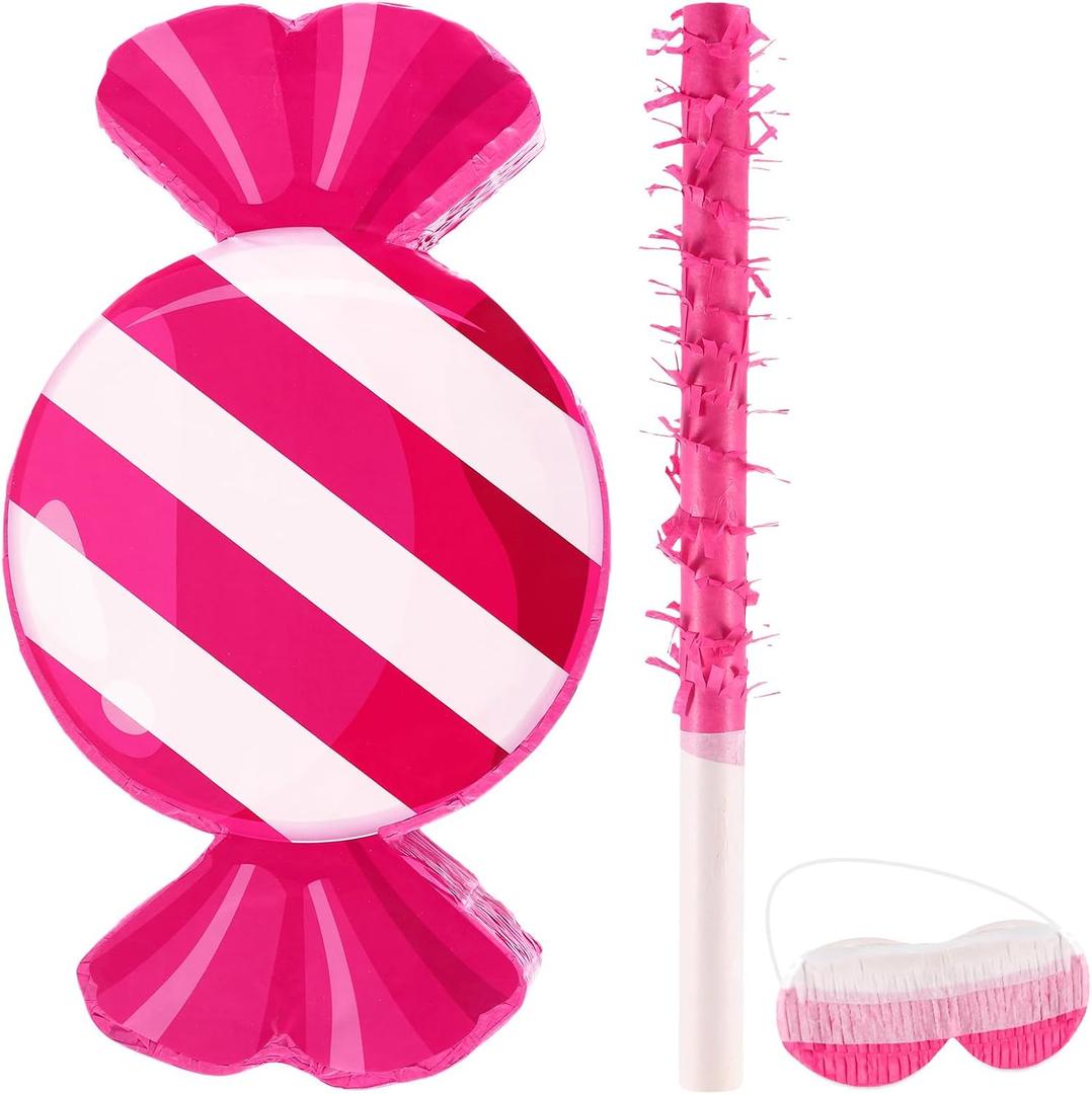 Aoriher Candy Party Pink Decoration Piñata with Stick Blindfold Sweet Lollipop Birthday Piñata for Peppermint Theme Birthday Party Supplies Decoration(Peppermint)