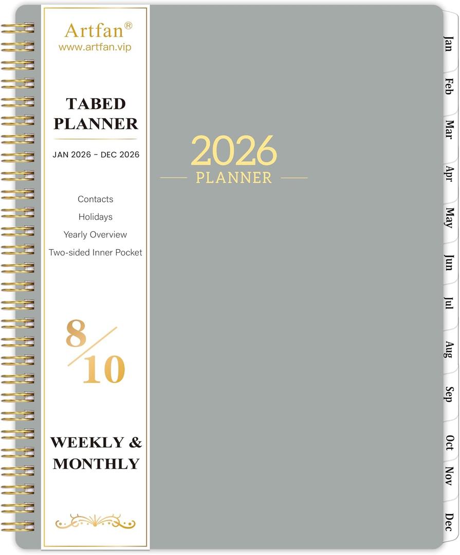 Planner 2026 - Planner/Calendar 2026, JAN 2026 - DEC 2026, 2026 Planner Weekly and Monthly with Tabs, 8" x 10" - Grey