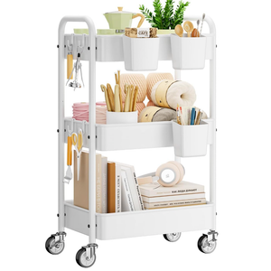 ALVOROG 3 Tier Rolling Cart with DIY Pegboards Metal Utility Cart with Wheels Handles Baskets Hooks, Storage Cart for Office Kitchen Bathroom(White)