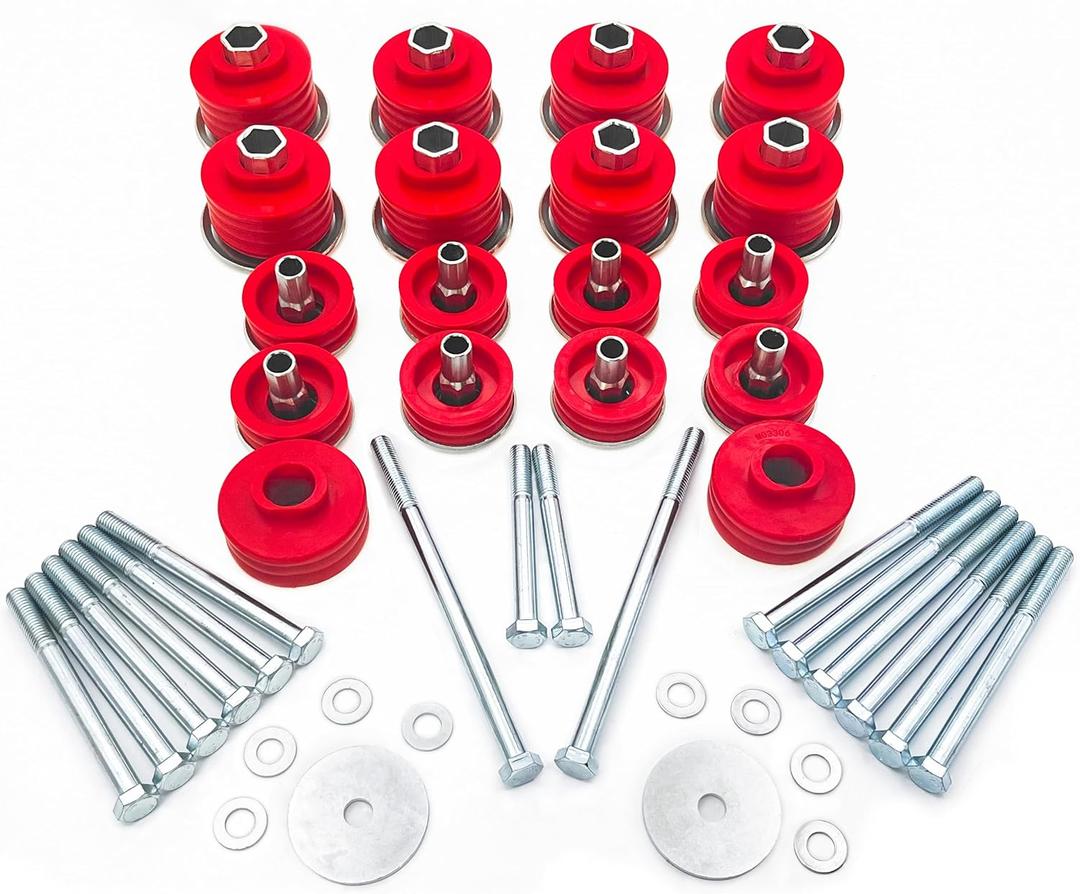 1999-2007 F250 F350 Body Cab Mounts, KF04058BK Body Mount Bushing Kit, Cab Bushing Kit, Steel Sleeves & Hardware (Red)
