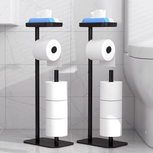 Kitsure Toilet Paper Holder Free Standing  Rustproof Metal Toilet Paper Stand for 4 Rolls with Anti-Slip Base and Shelf for Phone & Small Items, Bathroom Organizers and Storage, Medium, Black, 2Pack