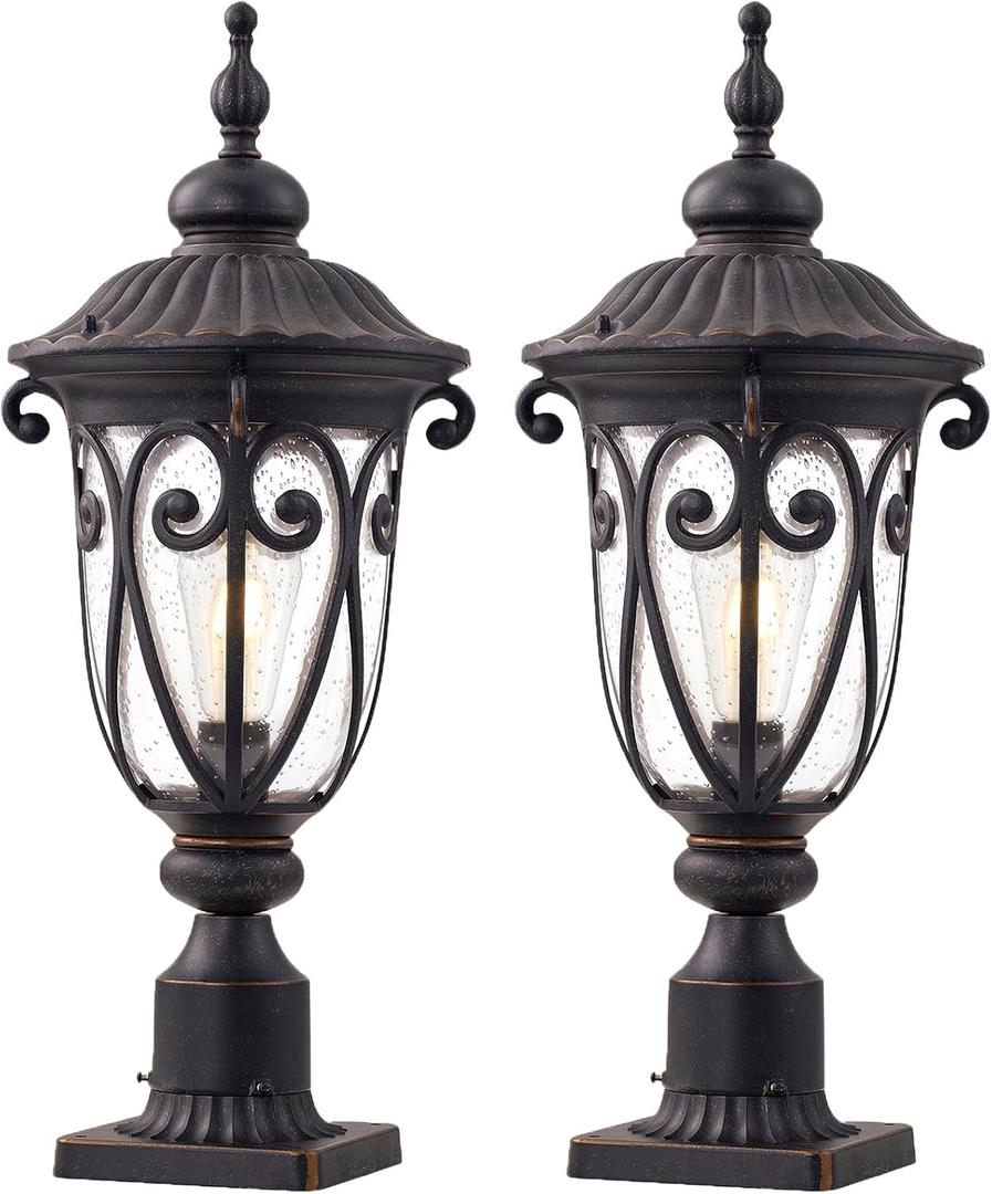24 Inch Large Post Light Fixture with 3in Pier Mount, 2 Pack Bronze Post Lamp for Yard, Outdoor Pole Lantern with Seeded Glass, Aluminum Outside Lights for Garden Patio Driveway Pathway