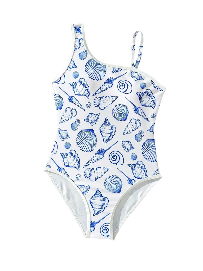 Milumia Girl's One Piece Swimsuits Seashell Print Asymmetrical Neck Bathing Suits Beachwear White 10 Years (Blue)