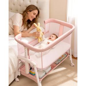 3 in 1 Baby Bassinet with Wheels, Bedside Bassinet Sleeper for Newborn, Portable Baby Crib with 7 Adjustable Height & Large Storage Basket & Full-Mesh, Easy Folding Baby Bed for Infant (Pink), Twin