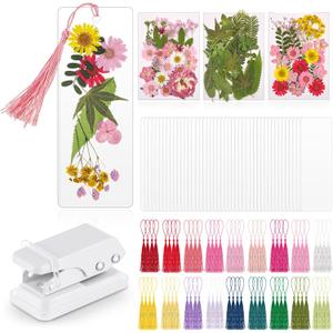 Fuyoooo 376 Pcs Dried Flower Bookmark Making Kit, DIY Bookmark Laminating Pouches with Tassels and Puncher DIY Project Gifts for Mother's Day Women Book Lovers (Pink,2 x 6 Inch)