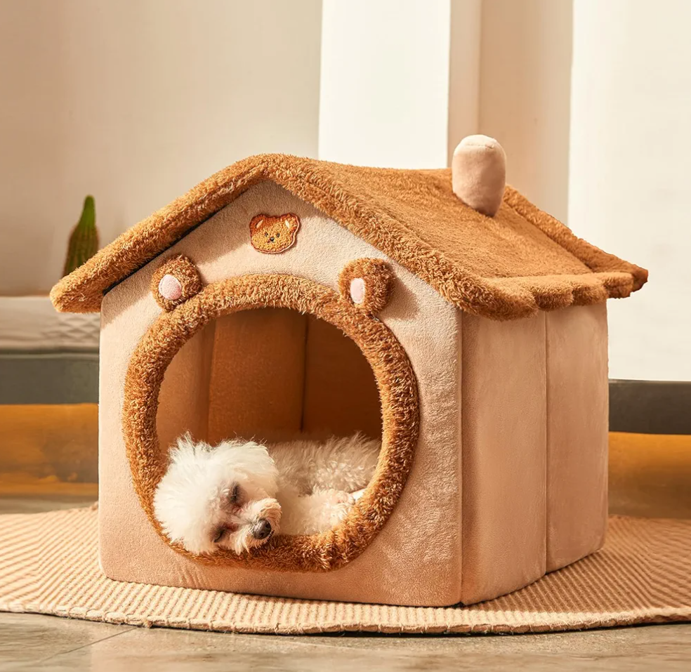 JIUPETY Dog House Dog Bed with Cover Cave with Non-Slip Bottom, M Size Tent Bed for 7-14 Lb Dogs and 9-17 Lb Cats, Brown