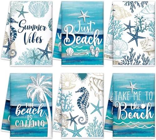 SmoothNovelty 6 Pcs Coastal Beach Kitchen Towels 21.3 x 14.2 Inch Ocean Dish Towels Summer Bathroom Hand Towel Absorbent Blue Tea Towel Summer Decorations for Home Bathroom Kitchen Accessories