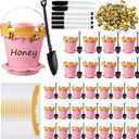 Jingmore 30 Sets Bee Honey Jars Party Favors Bulk, Mini Plastic Bee Theme Honey Jar Pots Decoration with Lids, Dippers and Saucers for DIY Cupcake Dessert Shower Wedding Party Gift Set (Pink)