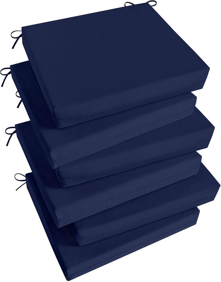 Basic Beyond Outdoor Chair Cushions Set of 6, Square Corner Outdoor Cushions for Patio Furniture, Water Resistant Patio Chair Cushions with 2 Ties, 18.5x16x3, Navy