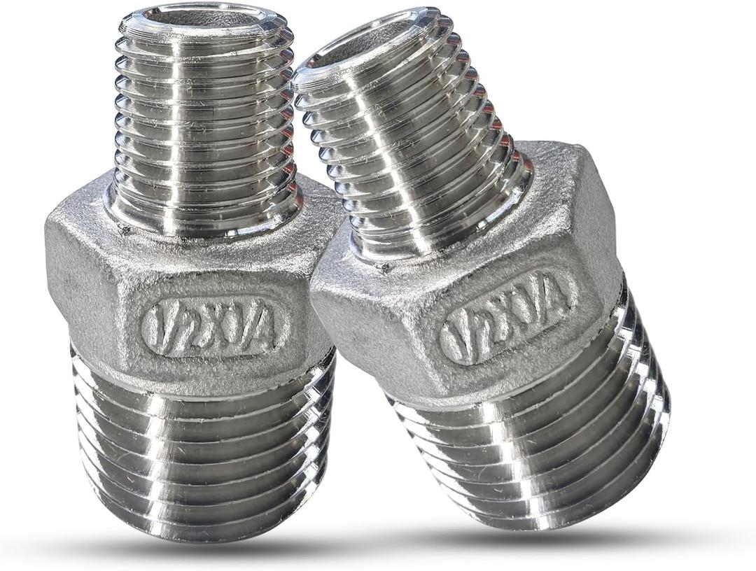 2pcs 1/2"NPT x 1/4" NPT Stainless Steel Nipple, 1/2 to 1/4 Adapter Fitting Reducing Solid Hex Stainless Steel Nipple, Male Reducer Fittings for Extending and Connecting Pipes