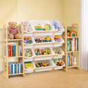 Toy Storage Organizer with Bookshelf Wooden Toy Organizer with 12 Toy Bins & 6 Tier Bookcase,Quick Assembly Kids Bookshelf,Toy Bin for Playroom, Bedroom, Nursery White