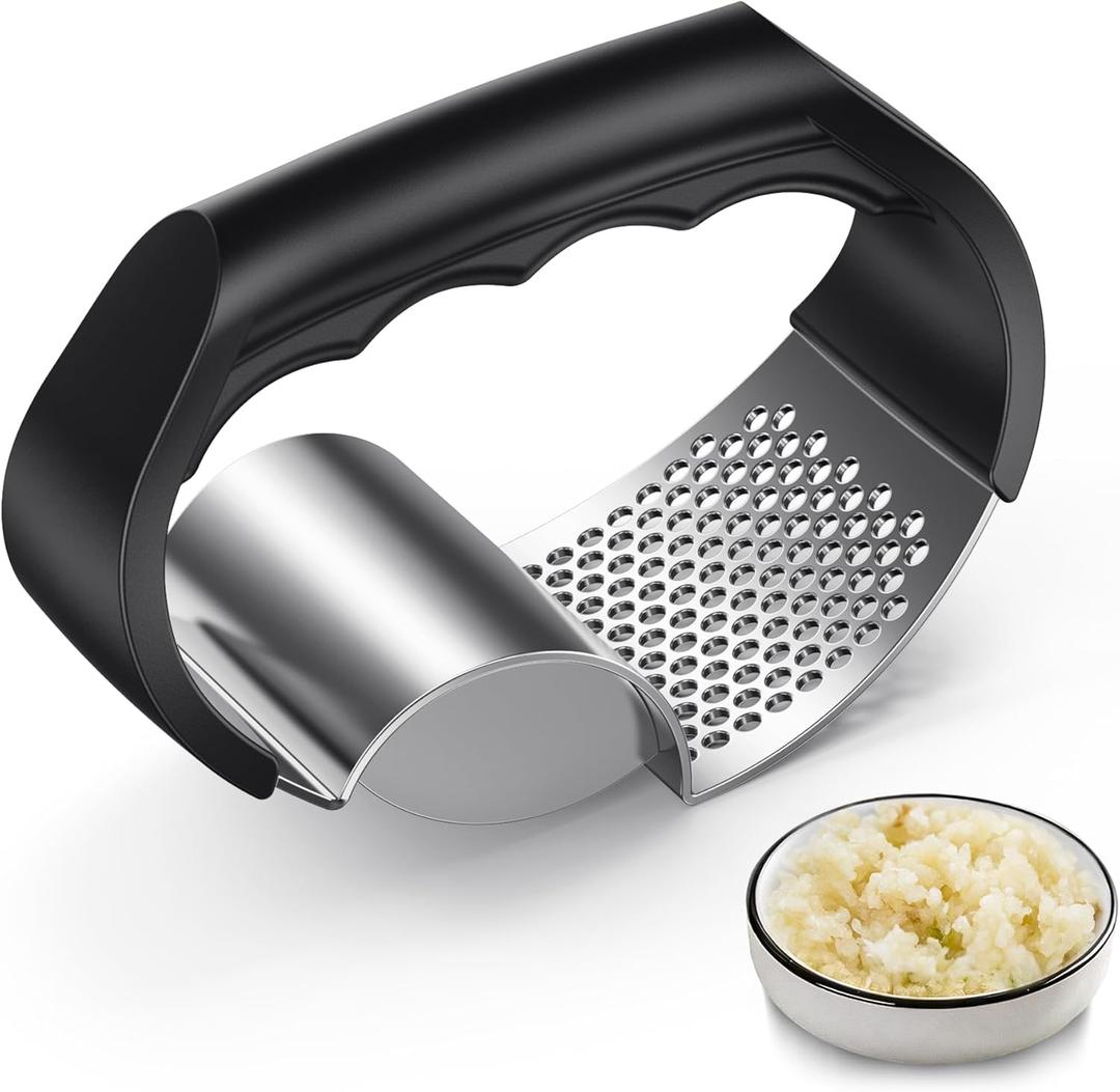 4 x Garlic Press Rocker - Stainless Steel Garlic Crusher, 2-in-1 Easy Kitchen Gadget for Effortless Smashing