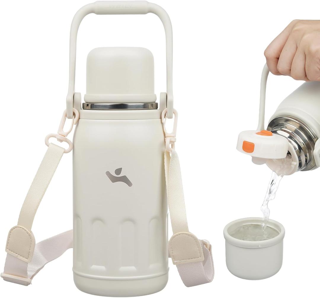 Insulated Water Bottle with Handle and Strap,Vacuum Travel Tumbler with Cup Lid,Thermo Coffee Cup for Hot Cold Drinks 27 OZ,Beige