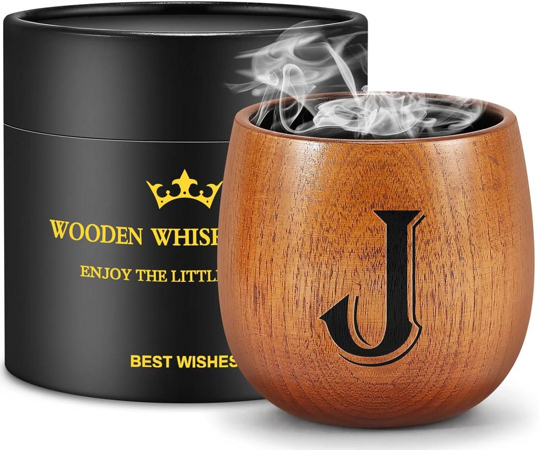 Astonlink Personalized Gifts for Men Husband Dad Boyfriend, Initial Charred Wooden Bourbon Drinking Glass & Whiskey Glasses Gift, Fathers Day Birthday Gifts for Men Dad Husband Brother Him (J)