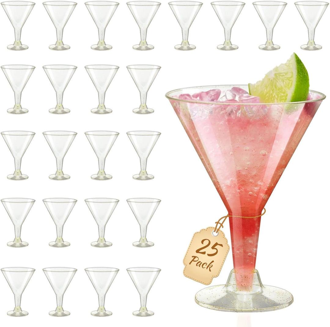 25Pcs Gold Glitter Plastic Martini Glasses 6oz Disposable Martini Glasses Bulk for Thanksgiving Party Wine, Desserts, Appetizers and Christmas All Events