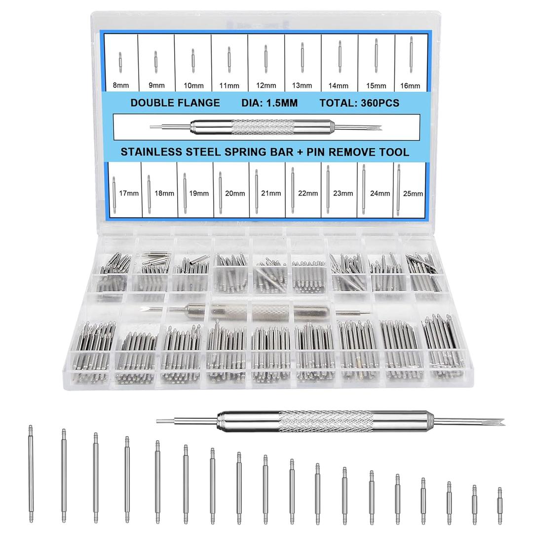 360Pcs 8-25mm Watch Band Pins, Diameter 1.5mm Watch Band Spring Bar Link Pins with Strap Link Pin Remover Tool, Watch Repair Kit for Most Kinds of Stainless Steel Watch