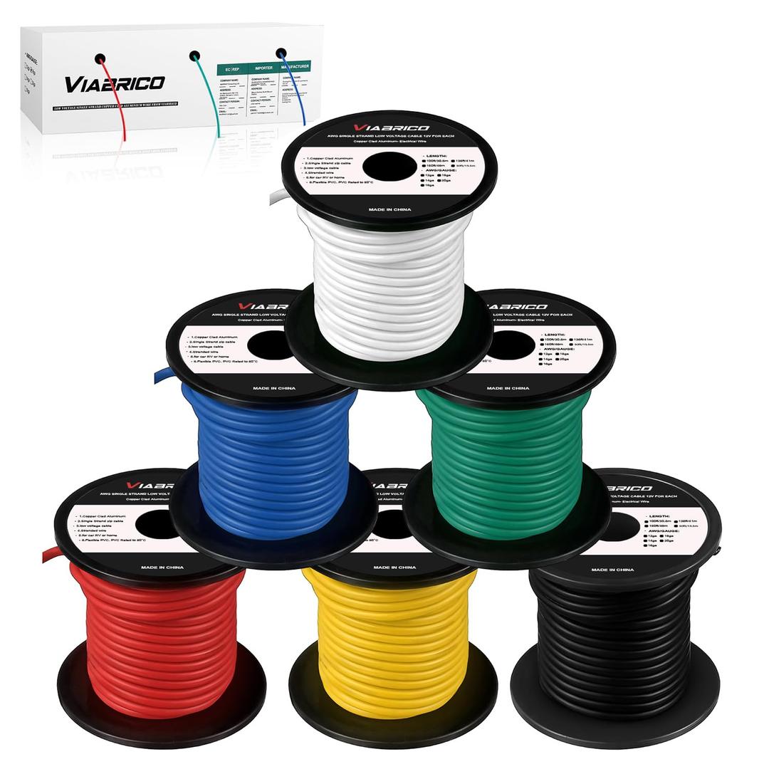 18 Gauge Wire - 600FT, 100ft Spool, 6 Colors, Copper Clad Aluminium, Low Voltage, Hookup Wire Kit for Breadboard/Automotive/DIY/Battery