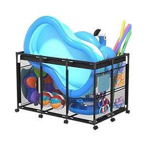 SHAPON Pool Storage Bin XX-Large, Nylon Mesh Pool Float Storage Organizer for Noodles, Goggles, Floats & Balls, Outdoor Pool Toy Storage with Rolling Cart for Swimming Equipments, Black 