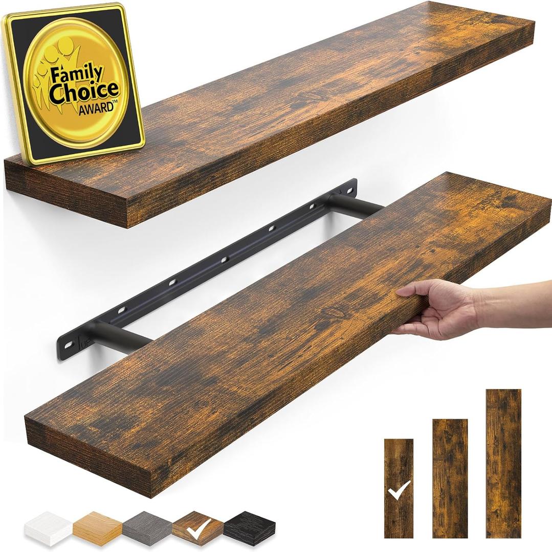 BAYKA Floating Shelves Set of 2, 22.5 inches Farmhouse Rustic Wood Wall Mounted Shelves for Bathroom, Bedroom, Living Room or Kitchen, Hanging Shelf Decor Book with 22lbs Capacity, Rustic Brown