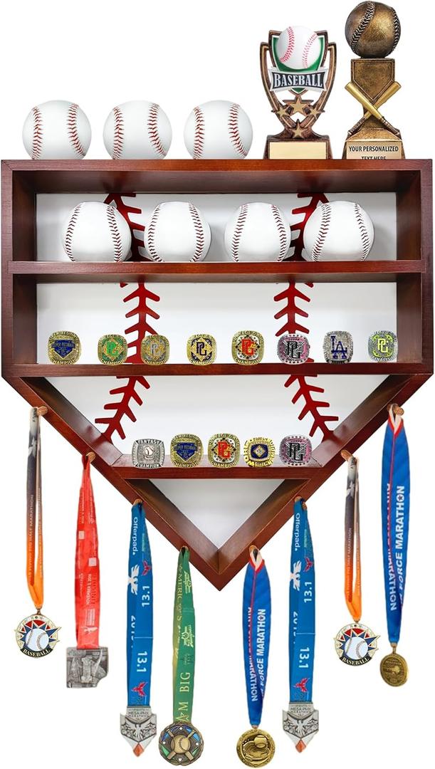 Montex Baseball Holder Display Case, Baseball Display Case, Ring Holder Display, Wall Mounted, Extra Space for Medals and Name Tags (Walnut Color)