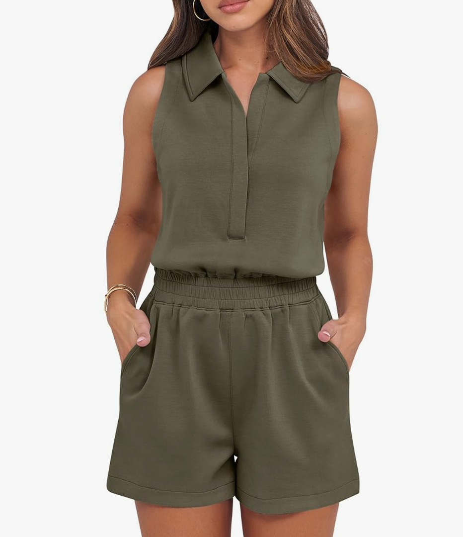 ANRABESS Romper for Womens 2025 Summer Dressy Casual Sleeveless V Neck One Piece Short Jumpsuit Lounge Travel Outfits Clothes, Army Green,M
