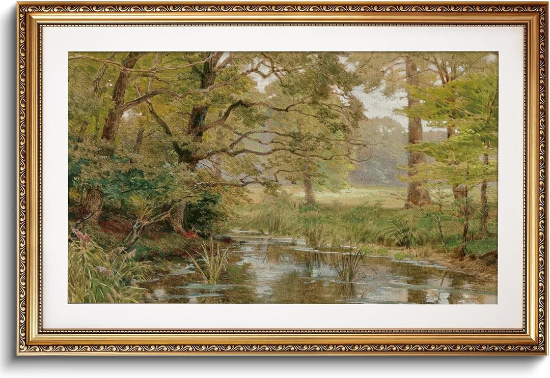 VIYYIEA Large Gold Framed Forest River Wall Art for Living Room, 24x36 Inch | Glass-Framed Impressionist Woodland Canvas for Office, Serene Stream Landscape, Rustic Aesthetic Decor for Nature Lovers