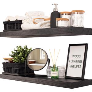 BAOBAB WORKSHOP Wood Floating Shelves for Bathroom Wall - Solid Wood Shelf 36 inch - Long Floating Shelves for Wall for Bedroom Kitchen Living Room - Black Shelves - 36 x 6.7 Inch, Set of 2 