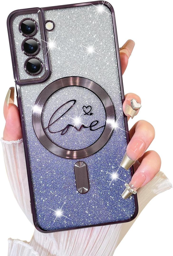 Fiyart Designed for Samsung Galaxy S21 Case,Compatible with MagSafe Love Heart Plating Camera Protection Clear Glitter Magnetic for Women Girls Shockproof Phone Cover Bumper 6.1"-Purple