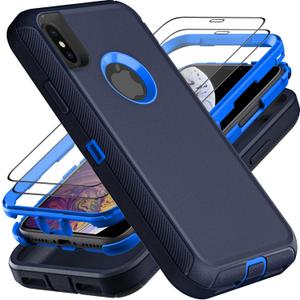 iPhone X/iPhone Xs Case, Military Grade 3 in 1 Heavy Duty Shockproof/Drop Proof/Dust Proof Case with 2Pcs Tempered Glass Screen Protector, Navy Blue
