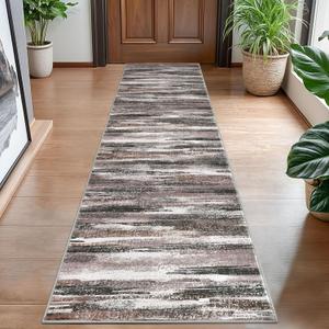 Modern Abstract Hallway Runner Rug, Dark Light Brown White Washable Kitchen Runner Non-Slip Soft 2x8 Runner Rug Thin Print Faux Wool Carpet for Entryway Bedroom Laundry Room Indoor Home Decor