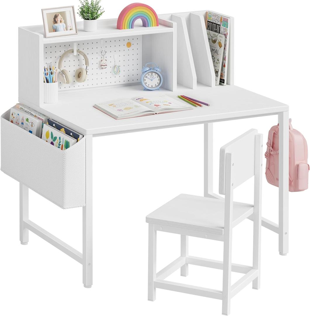 BOLUO Kids Desk and Chair Set for 6-12 Year Old, Children Study Desk with Hutch and Pegboard, Student Writing Table with Storage Shelf for Girls Boys